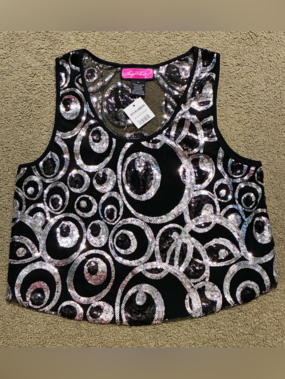 Say What? Med Black Tank Top With Silver Sequence Circle Crop Top Bling Shirt